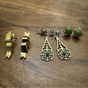 Vintage Gold and Green Earring Trio